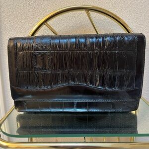 Black Textured Leather Clutch with Gold Handle